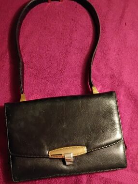 Classic Vintage Koret Black Leather Shoulder Bag with Gold Accent